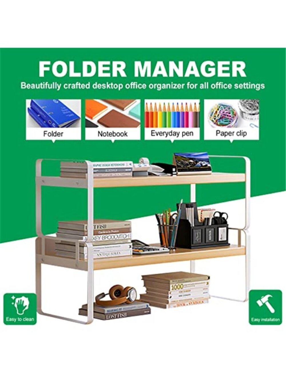 Wood Desktop Shelf Organizer 2 Tier Desk Storage Monitor Riser Office Book Rack - Picture 5 of 6